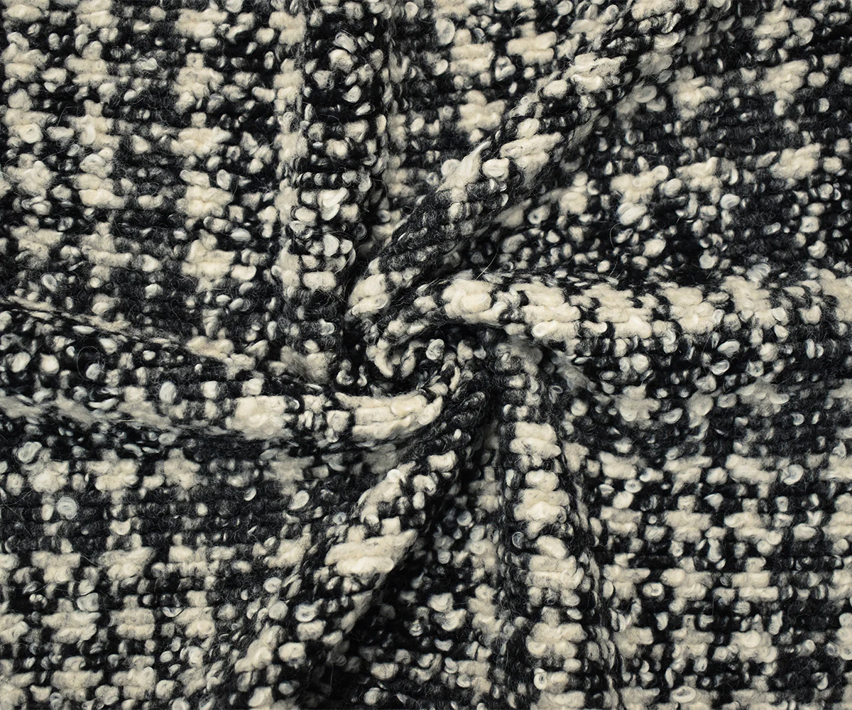 Black-Multi Boiled Italian Wool-Poly Abstract Plaid Boucle Knit Coating Fabric - Image 4