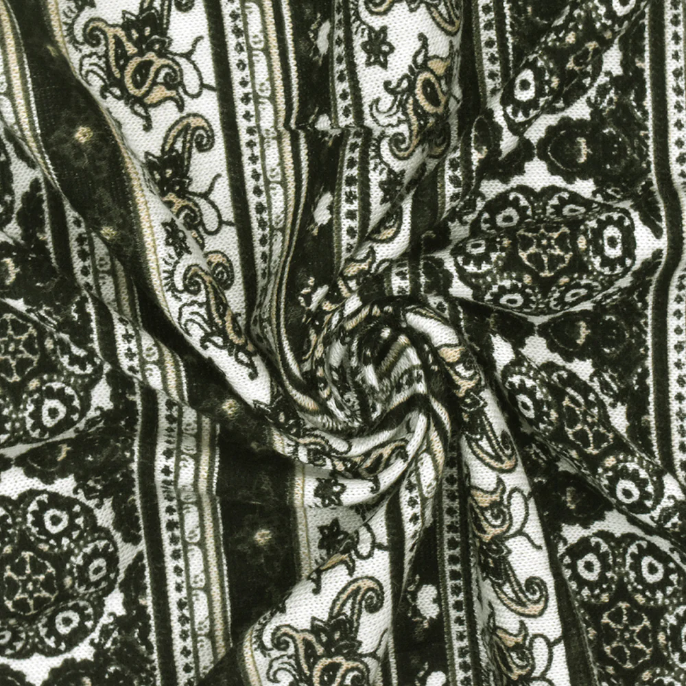 Black-Multi Mixed Pattern Stripe Printed Rayon Stretch Jersey Knit Fabric - Image 2