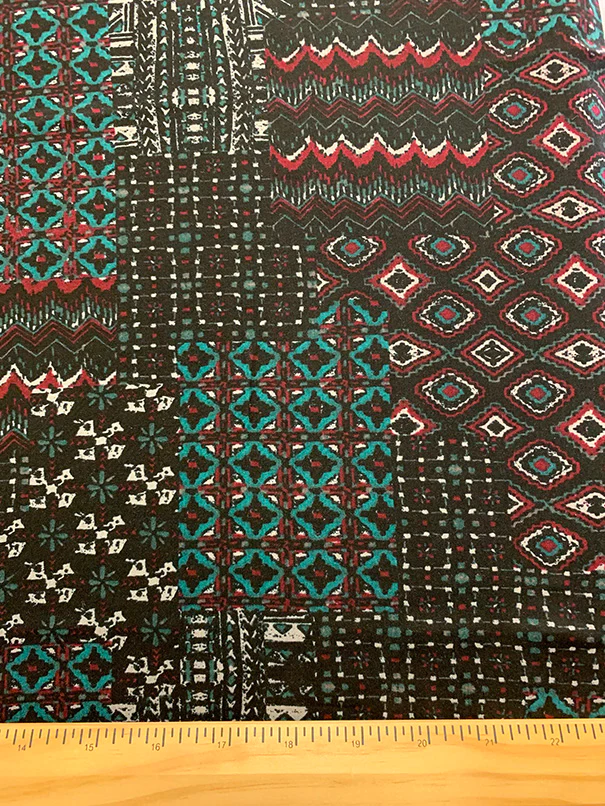 Black Multi Patchwork Print Rayon Challis Fabric - Image 3