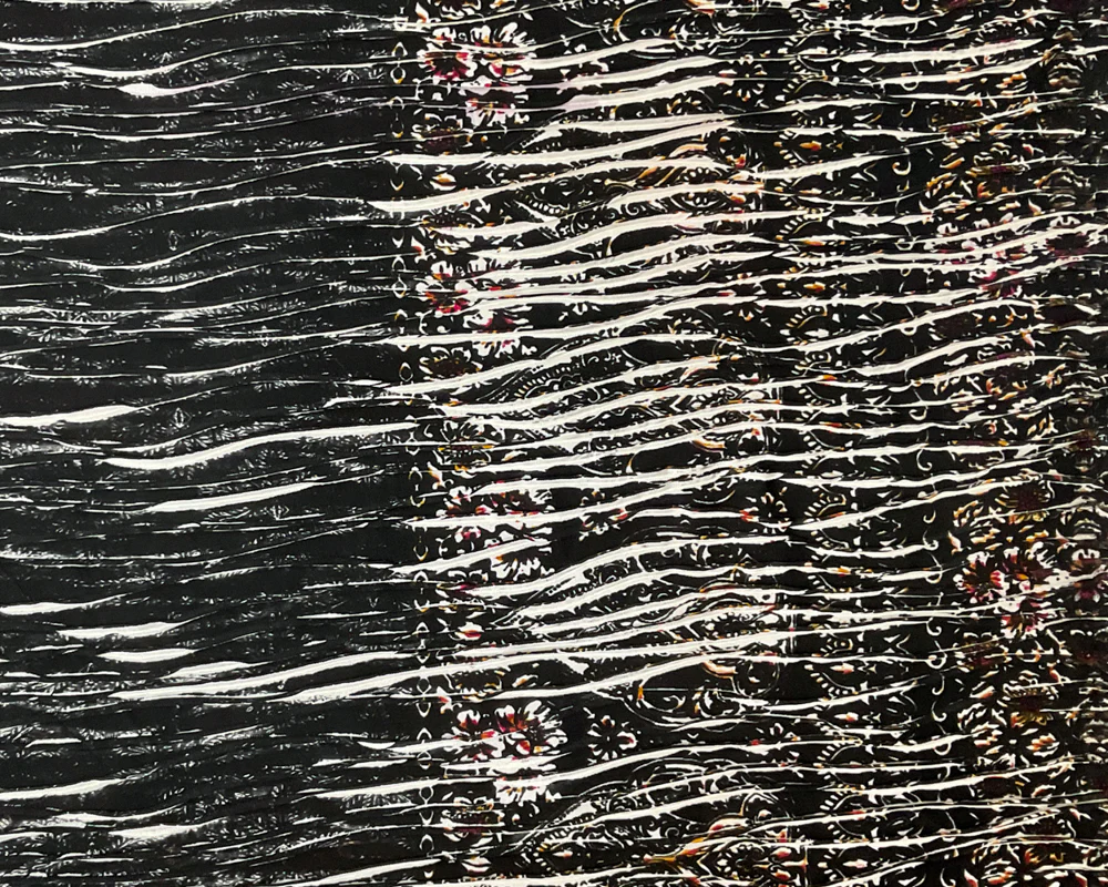 Black-Multi Poly Baroque Border Printed Knife Pleat Knit Fabric - Image 3