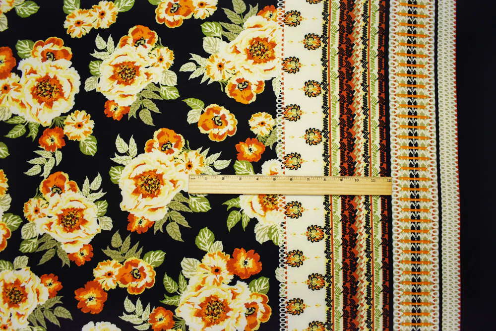 Black-Multi Poly Floral Border Printed Crepe Momie Georgette Woven Fabric - Image 2