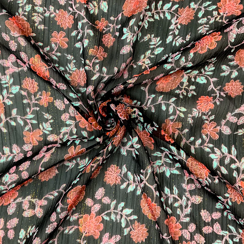 Black-Multi Poly Floral Metallic Print Yoryu Chiffon Woven Fabric