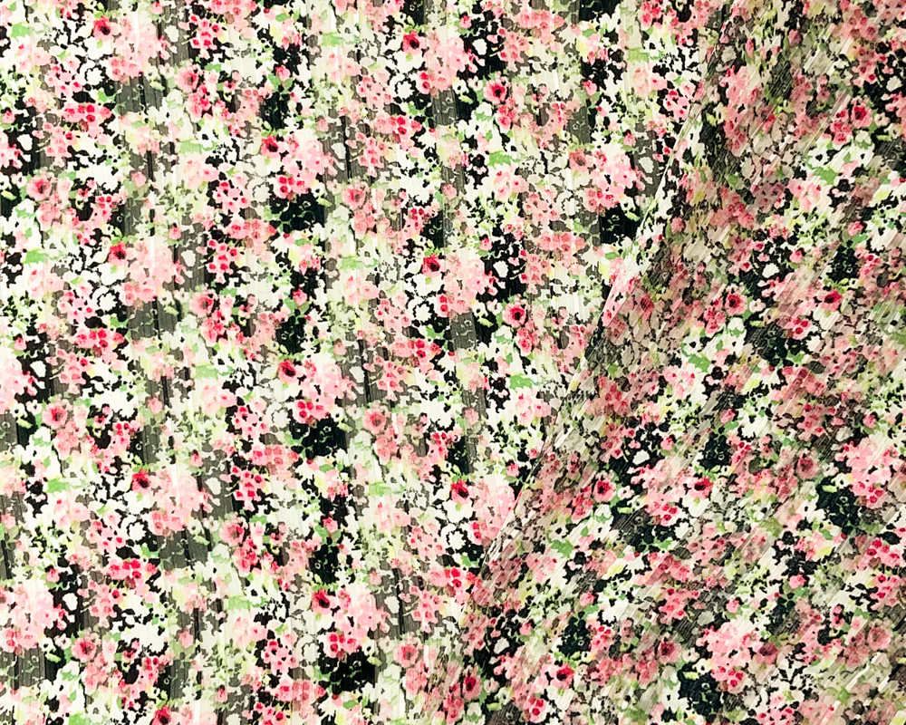 Black-Multi Poly Floral Printed Satin Stripe Chiffon Woven Fabric - Image 2