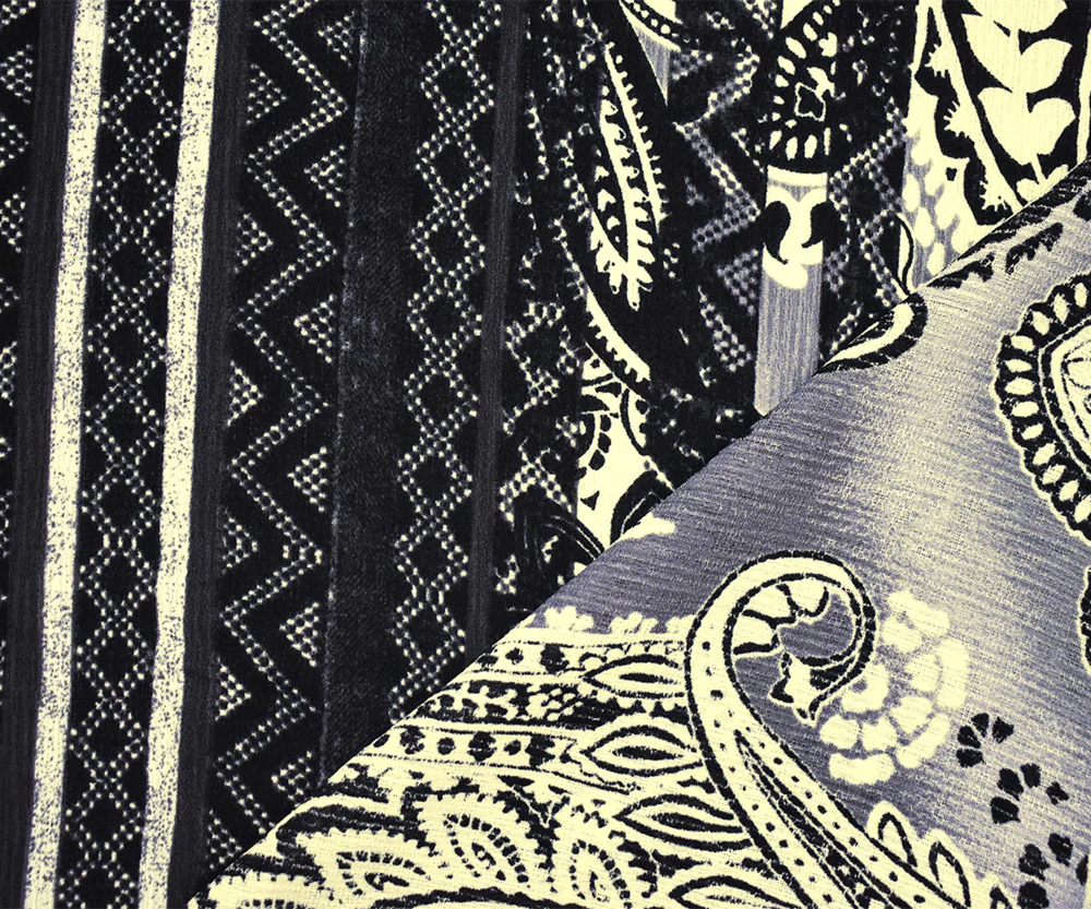 Black-Multi Poly Multi Pattern Border Printed Crinkled Crepe Woven Fabric - Image 3