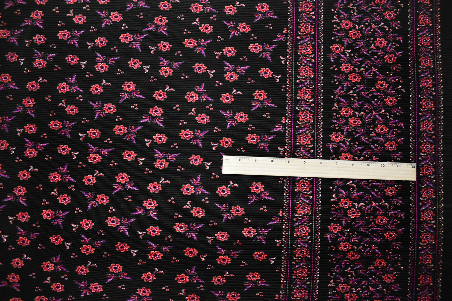 Black-Multi Poly Stretch Spandex Floral Print Pleated Interlock Knit Fabric - Image 2