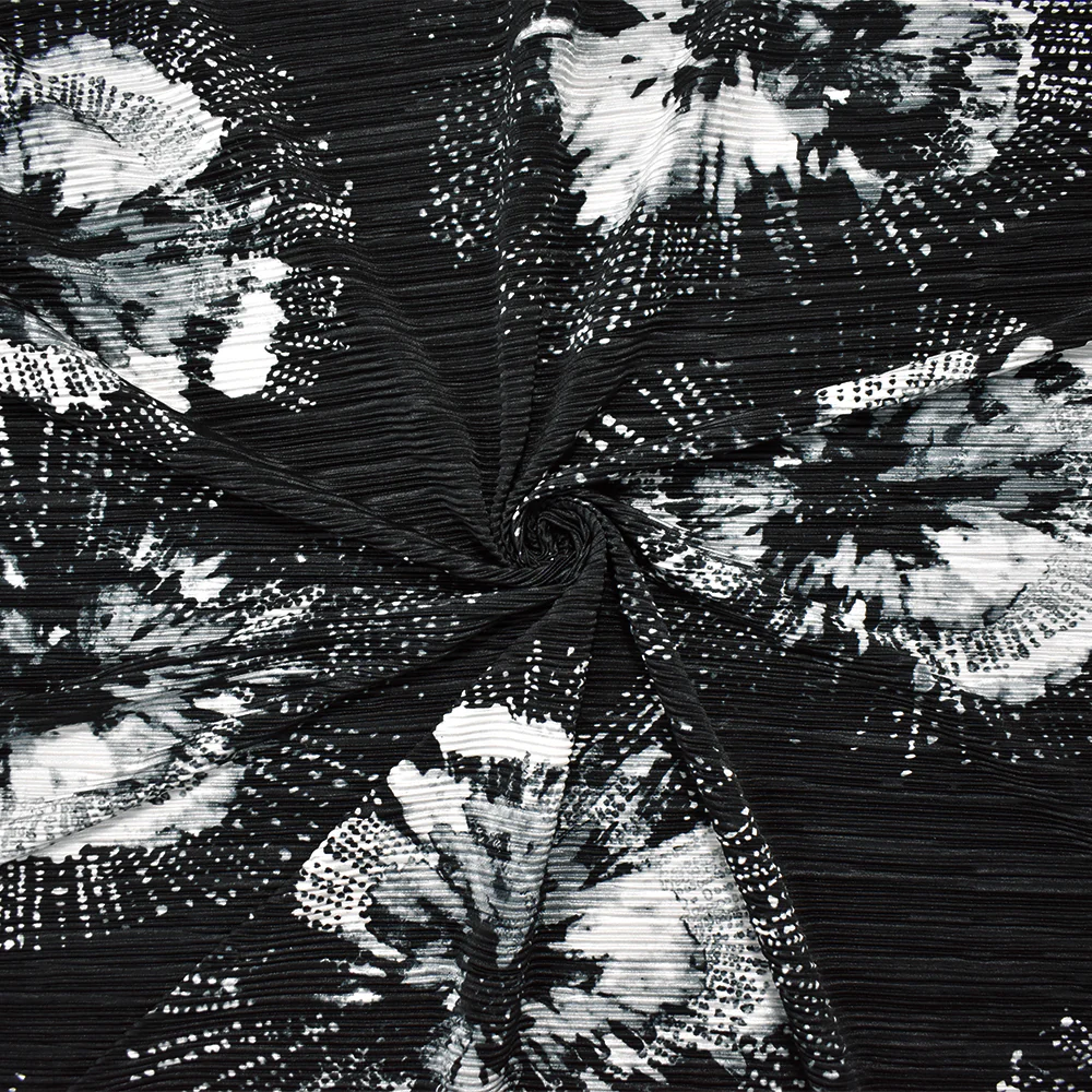 Black-Multi Poly Stretch Spandex Floral Print Pleated Interlock Knit Fabric