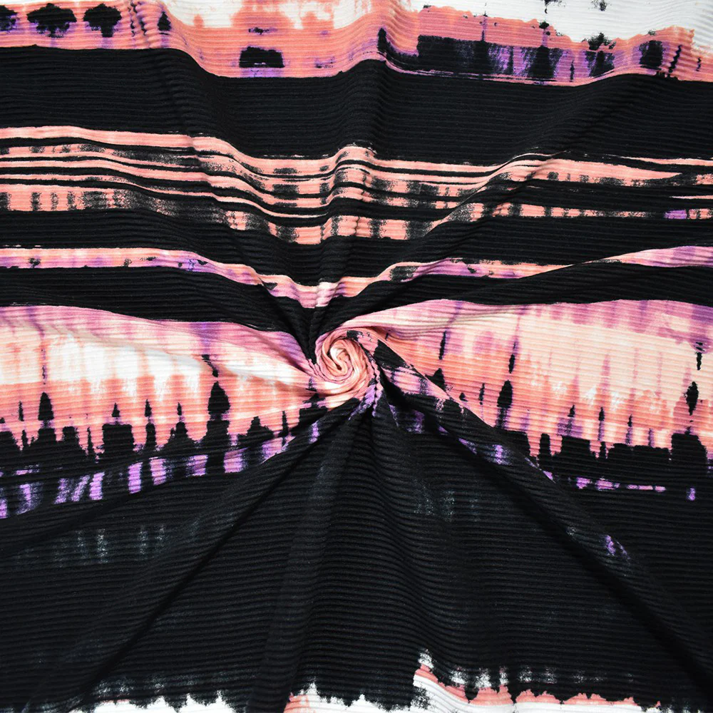Black-Multi Poly Stretch Spandex Tie Dye Printed Pleated Jersey Knit Fabric