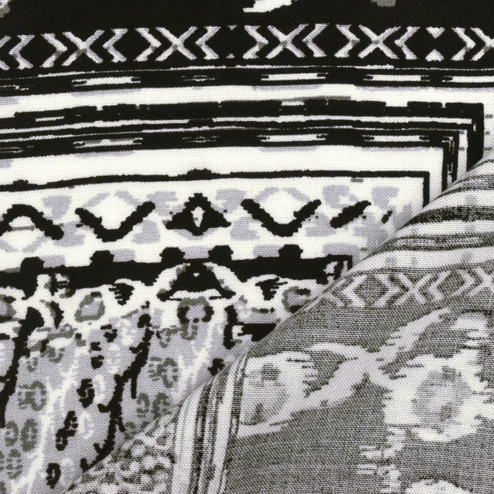 Black-Off-White-Gray Bordered Pattern Printed Challis Fabric - Image 4