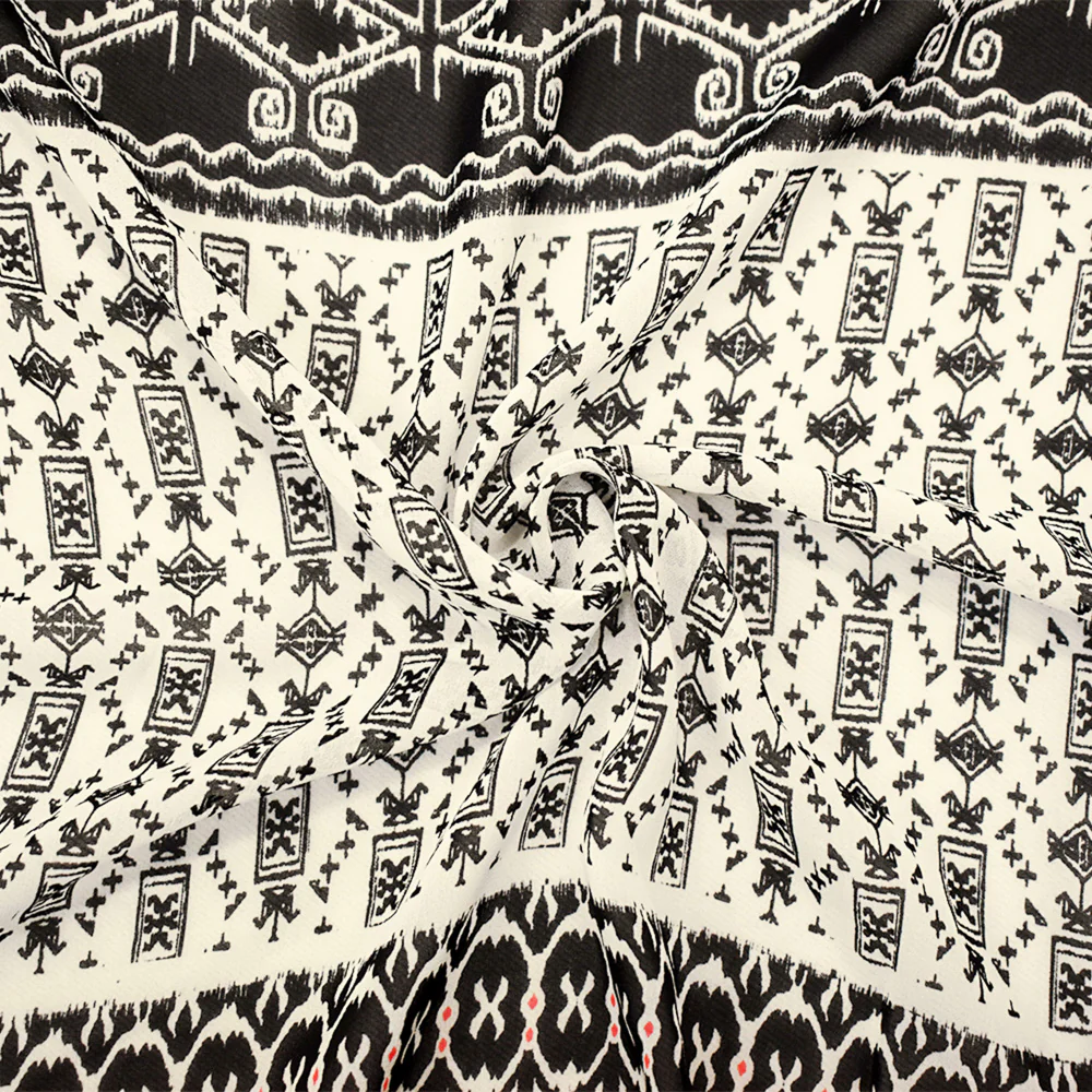 Black-Off-White-Orange Poly Aztec Striped Printed Chiffon Woven Fabric