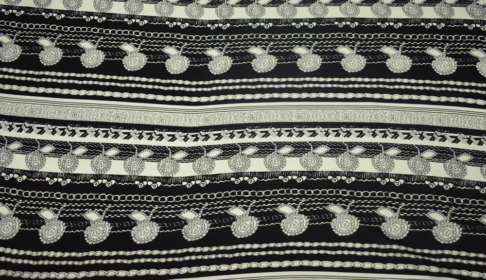 Black-Off White Striped Abstract Chain Floral Print Silk Jersey Knit Fabric - Image 2