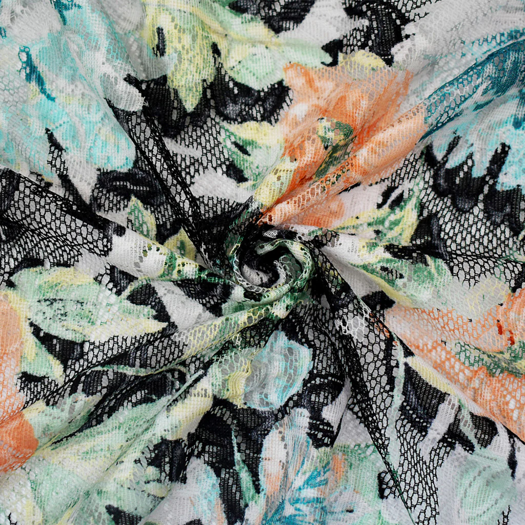 Black-Orange-Multi  Nylon Floral Printed Lace Mesh Knit Fabric