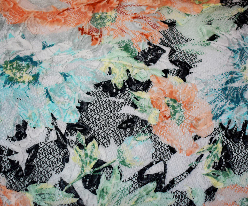 Black-Orange-Multi  Nylon Floral Printed Lace Mesh Knit Fabric - Image 4