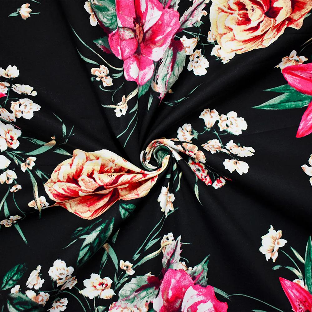 Black-Pink-Beige Cotton Stretch Spandex Floral Print Poplin Woven Fabric