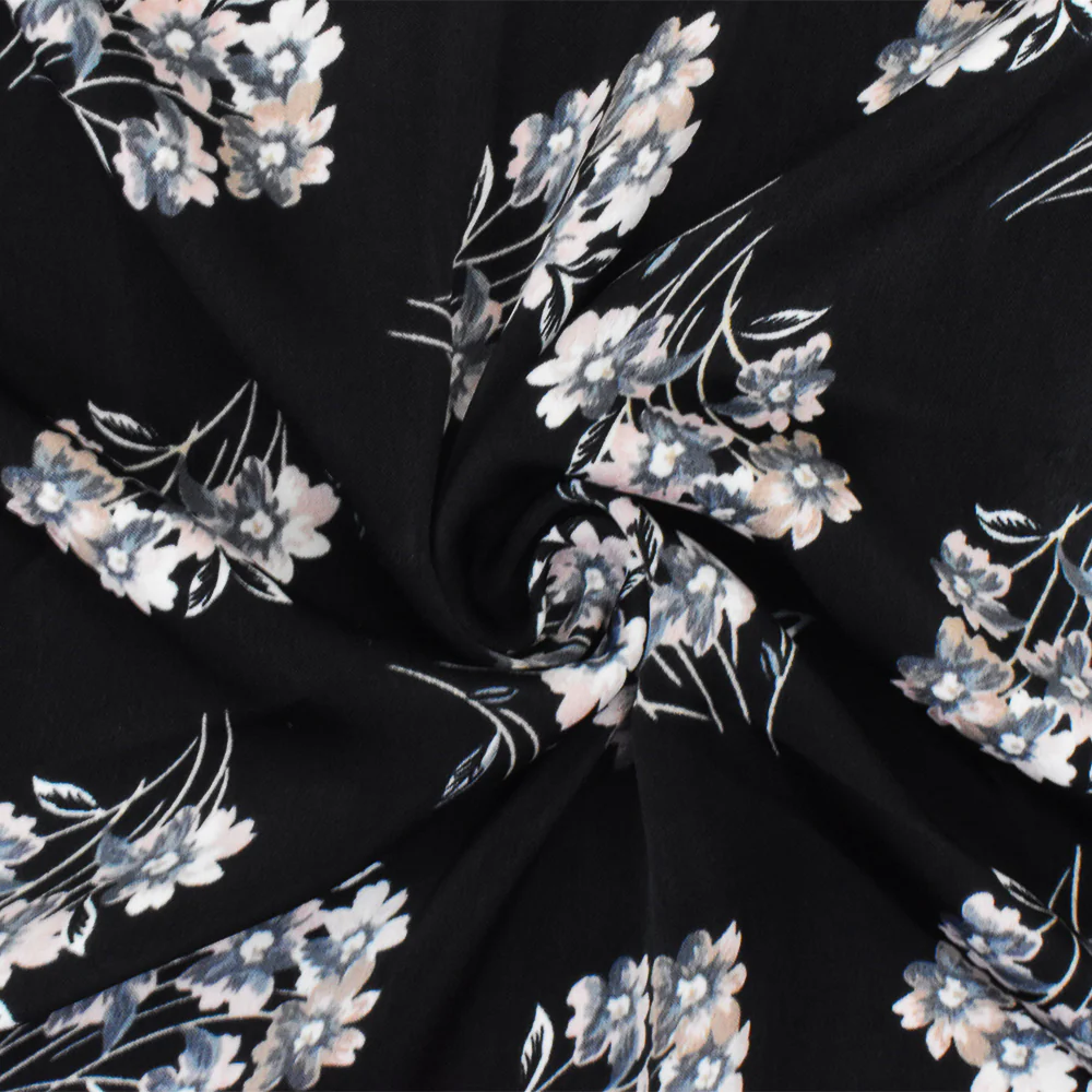 Black-Pink-Gray Poly Floral Printed Twill Satin Woven Fabric