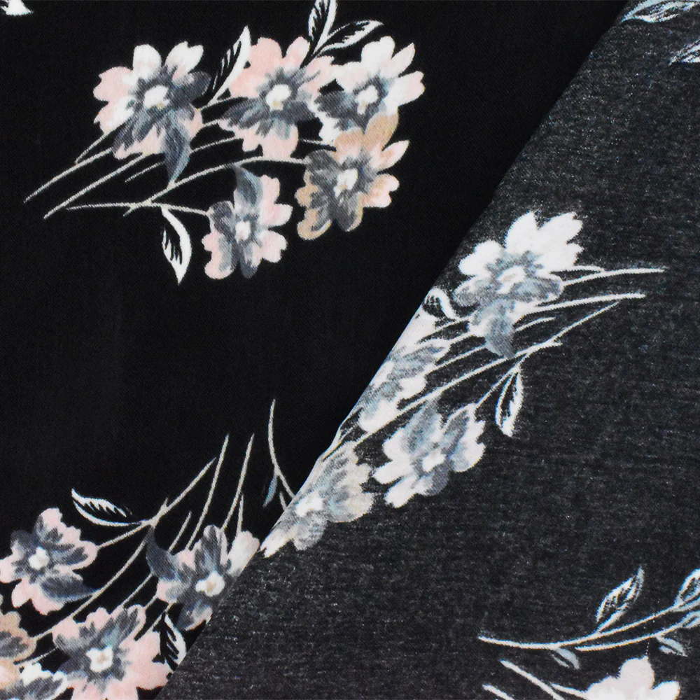 Black-Pink-Gray Poly Floral Printed Twill Satin Woven Fabric - Image 3