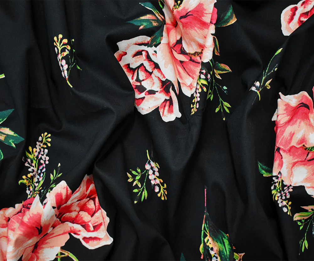 Black-Pink-Multi Cotton Floral Printed Stretch Spandex Poplin Woven Fabric - Image 4
