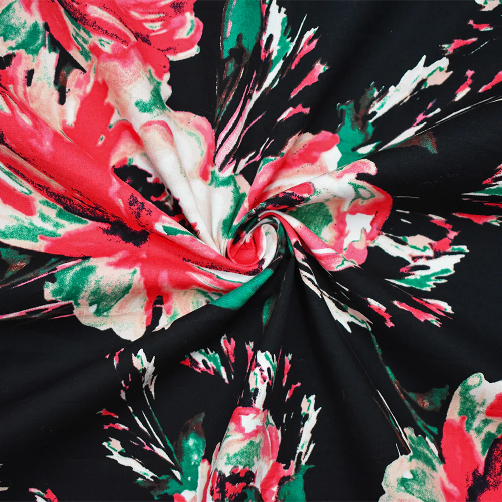 Black-Pink-Multi Cotton Stretch Spandex Floral Print Poplin Woven Fabric