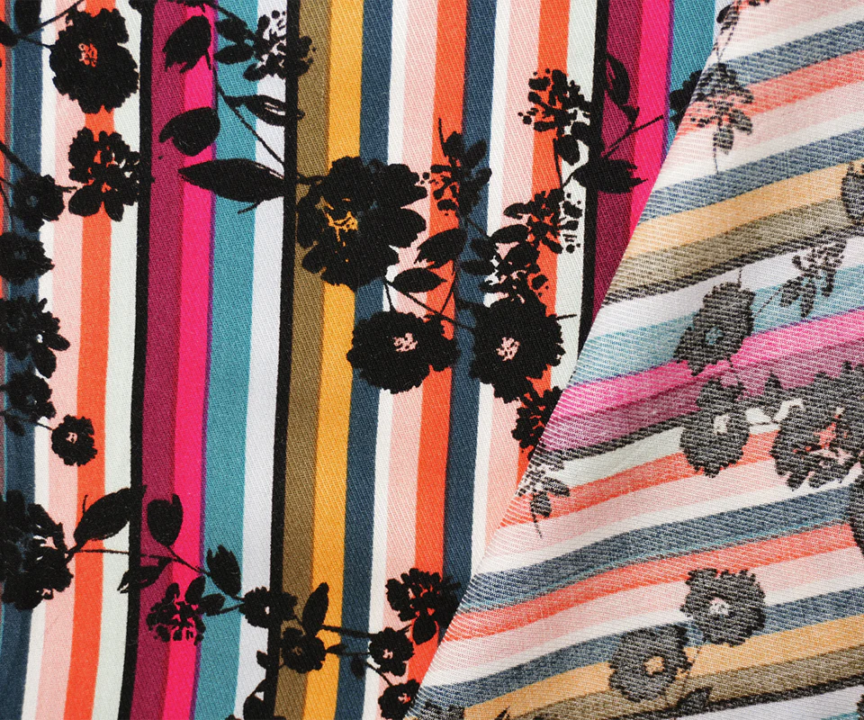 Black-Pink-Multi Rayon Floral Stripe Printed Twill Woven Fabric - Image 2