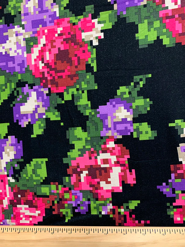 Black Pixelized Floral Print Rayon Challis Fabric - Image 3