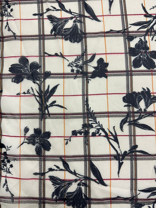 Black Plaid Ivory Silhouette Print Poly Chiffon Fabric - Image 2