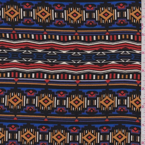 Black/Pumpkin/Cobalt Southwest Stripe Rayon Challis Fabric