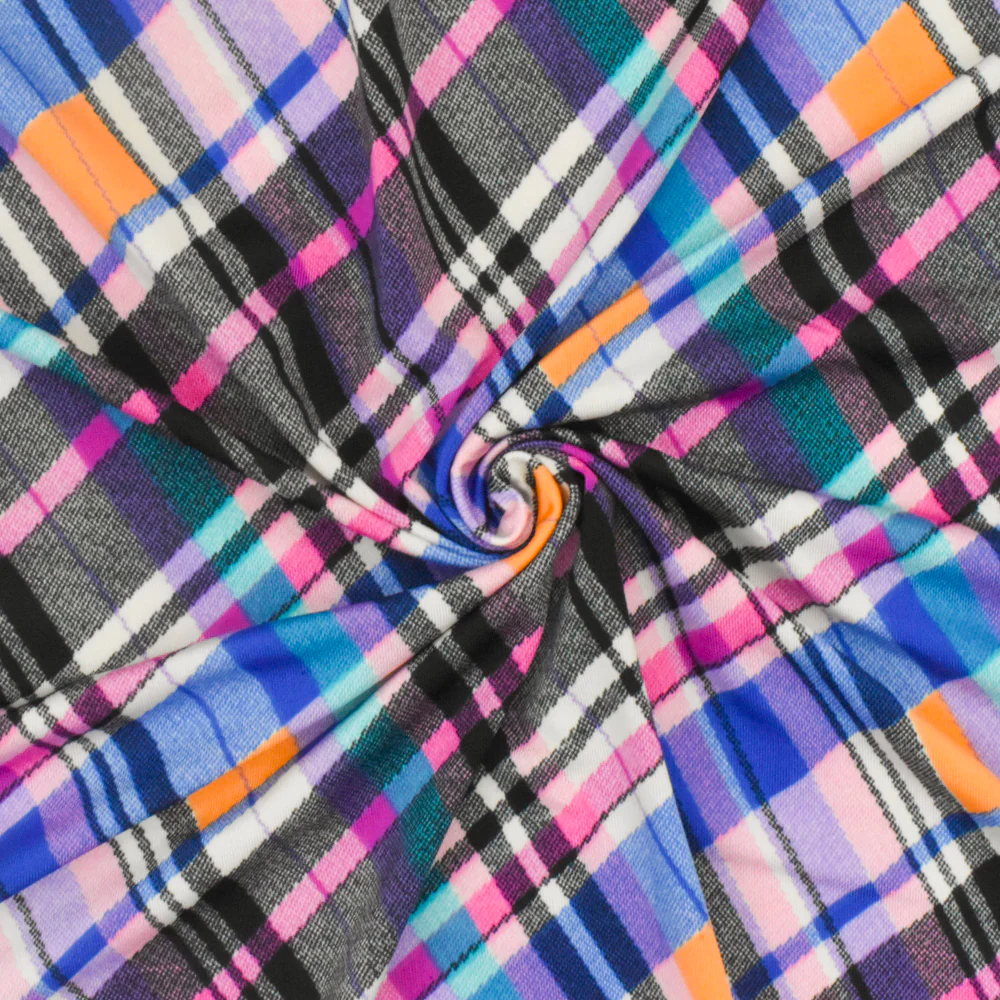 Black-Purple-Multi Plaid Printed Stretch Polyspan Jersey Knit Fabric - Image 2