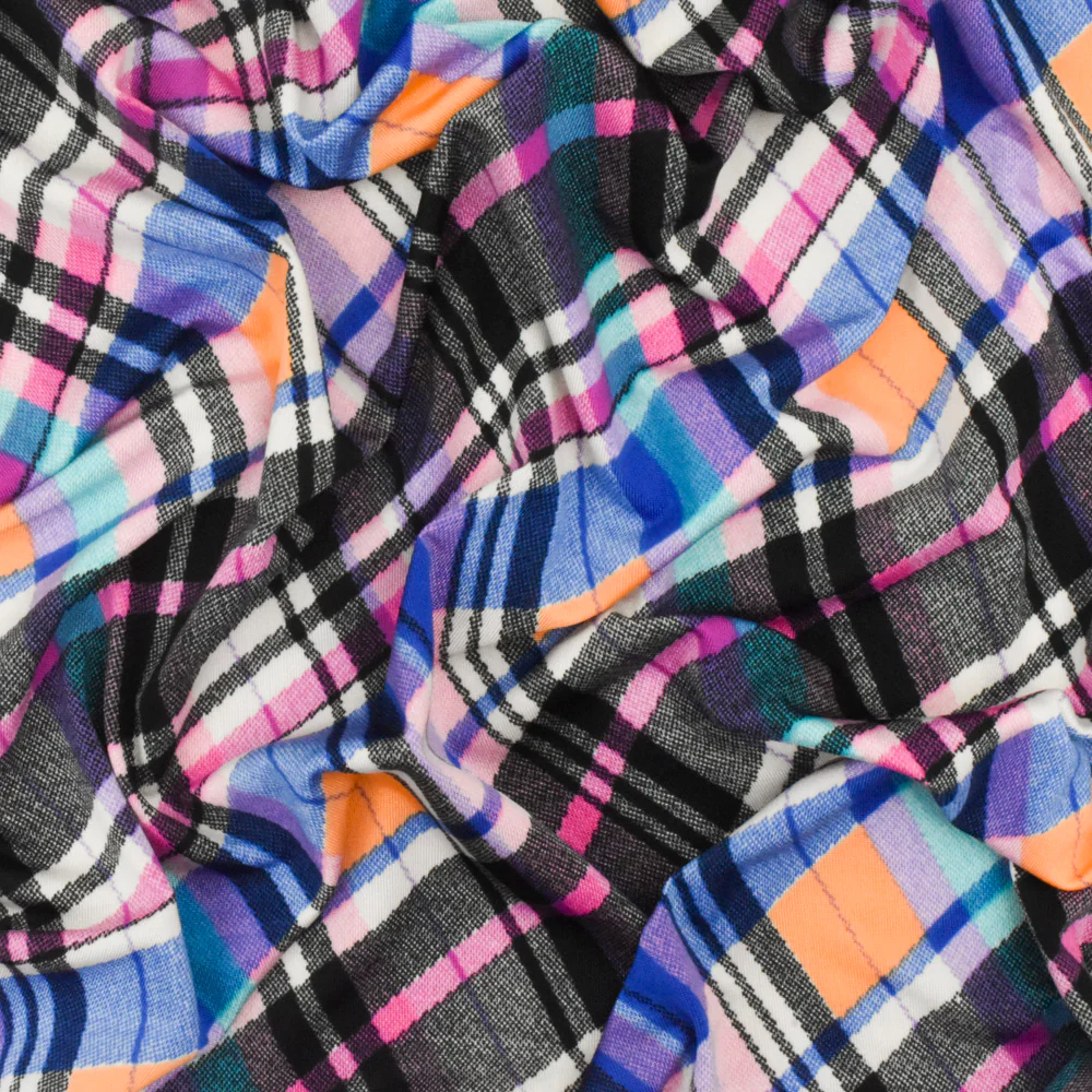 Black-Purple-Multi Plaid Printed Stretch Polyspan Jersey Knit Fabric - Image 3