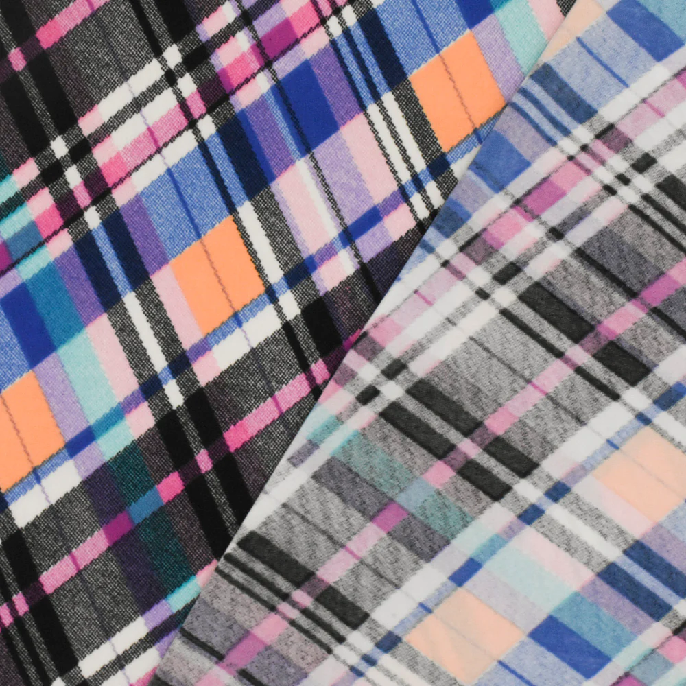 Black-Purple-Multi Plaid Printed Stretch Polyspan Jersey Knit Fabric - Image 4