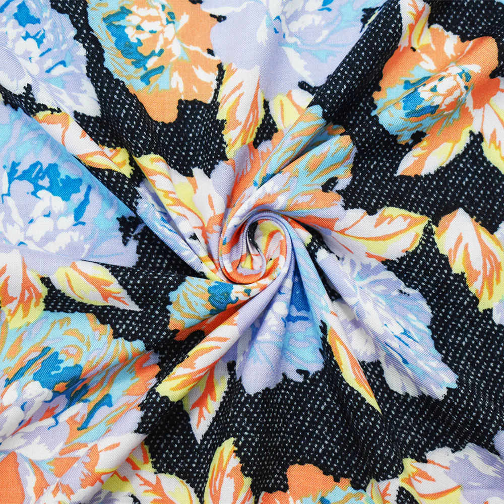 Black-Purple-Multi Rayon Floral Dots Printed Challis Woven Fabric