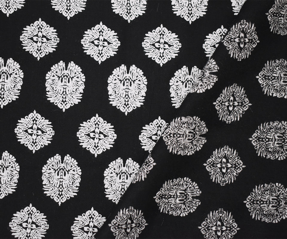 Black Rayon Famous Designer Crest Print Challis Woven Fabric - Image 2