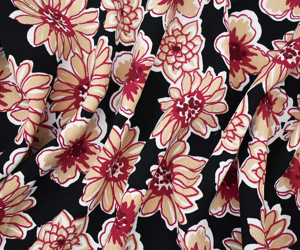 Black-Red-Beige Floral Printed Rayon Crepe Faille Woven Fabric - Image 2