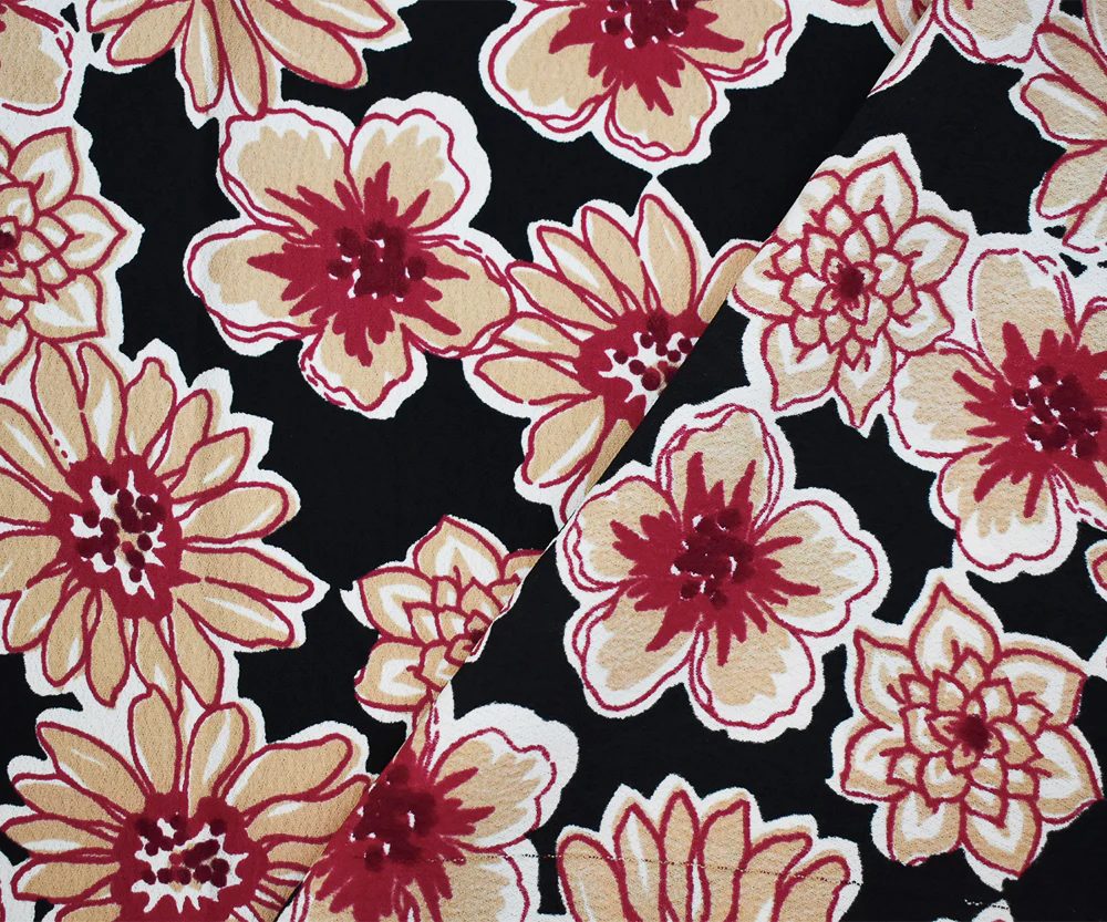 Black-Red-Beige Floral Printed Rayon Crepe Faille Woven Fabric - Image 3