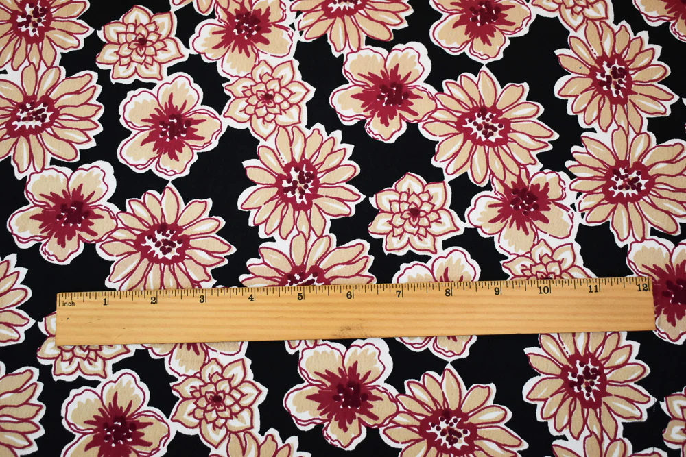 Black-Red-Beige Floral Printed Rayon Crepe Faille Woven Fabric - Image 5