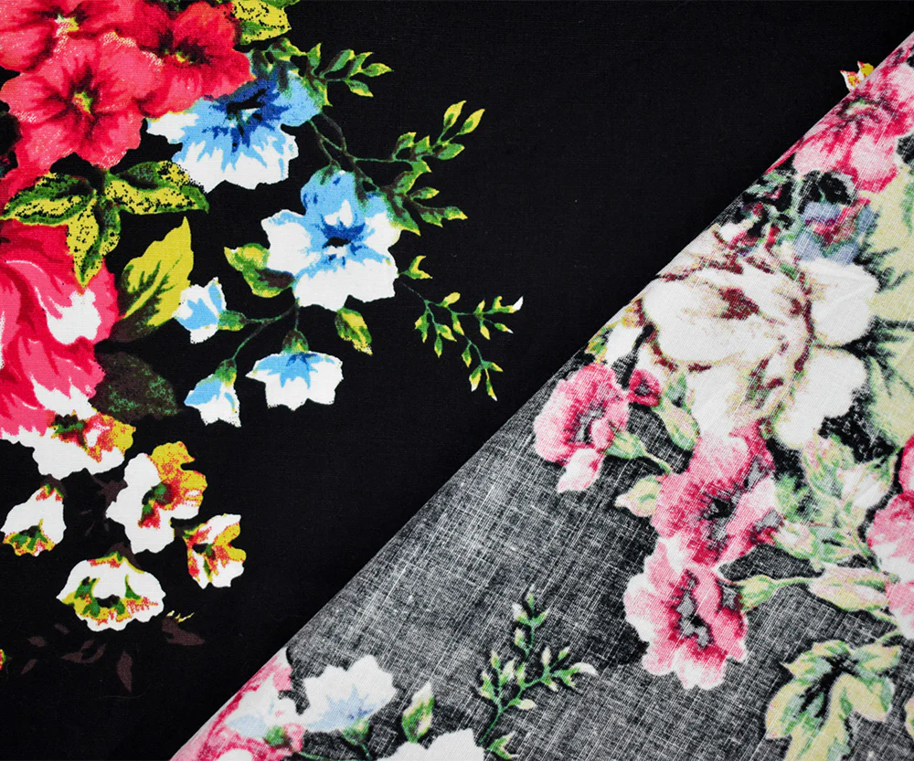 Black-Red-Blue Cotton Stretch Spandex Floral Print Poplin Woven Fabric - Image 3