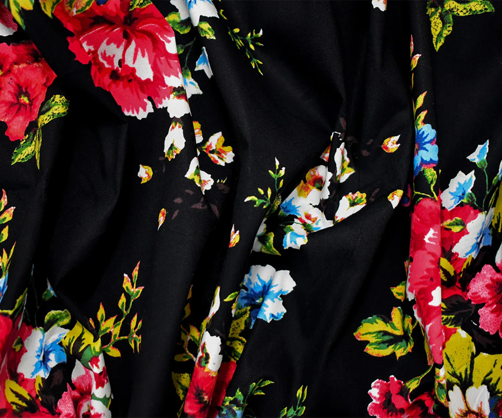 Black-Red-Blue Cotton Stretch Spandex Floral Print Poplin Woven Fabric - Image 4