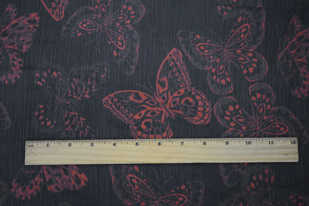 Black-Red Butterfly Printed Yoryu Chiffon Woven Fabric - Image 5