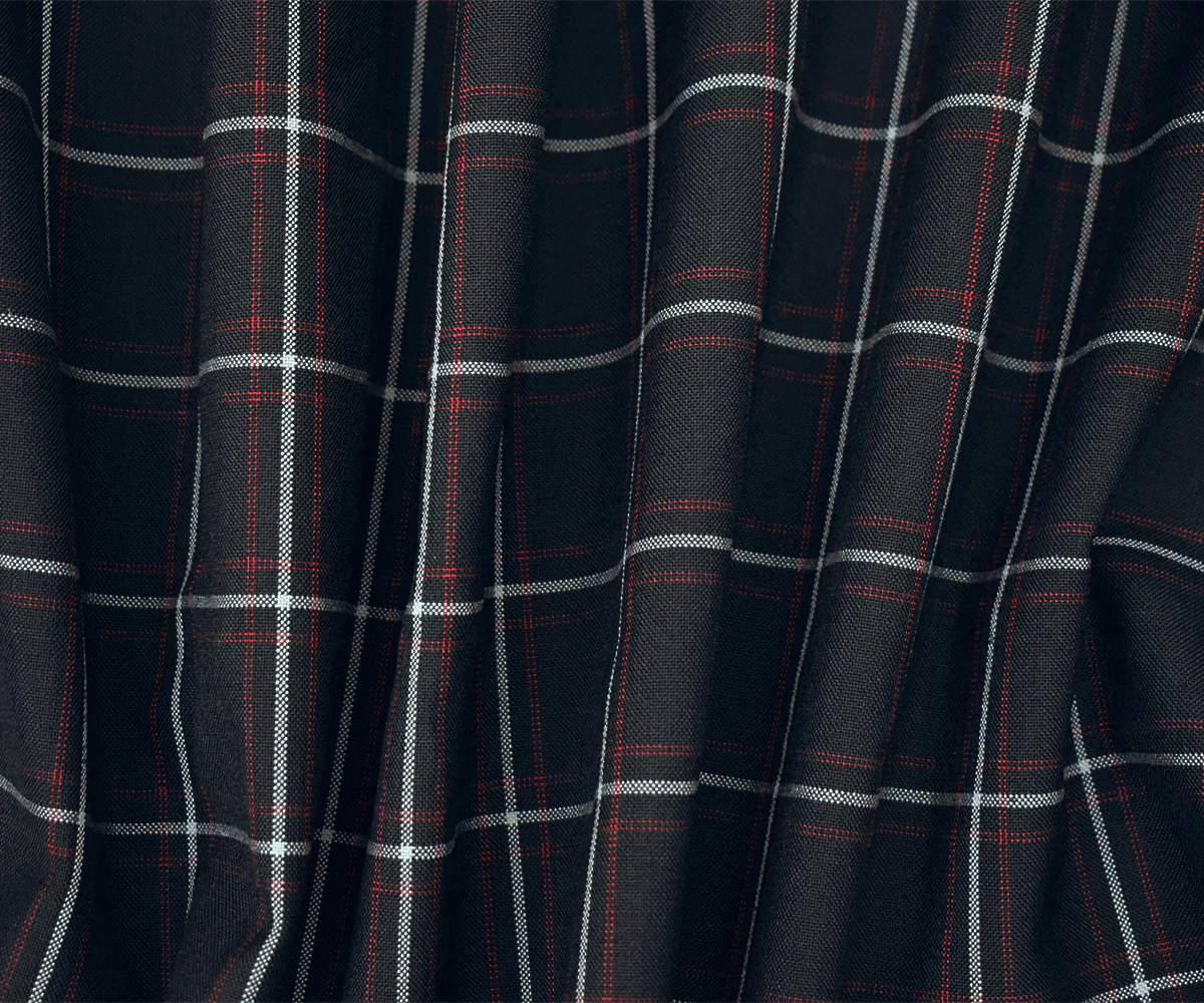 Black-Red-Gray Poly-Wool Plaid Shirting Woven Fabric - Image 2