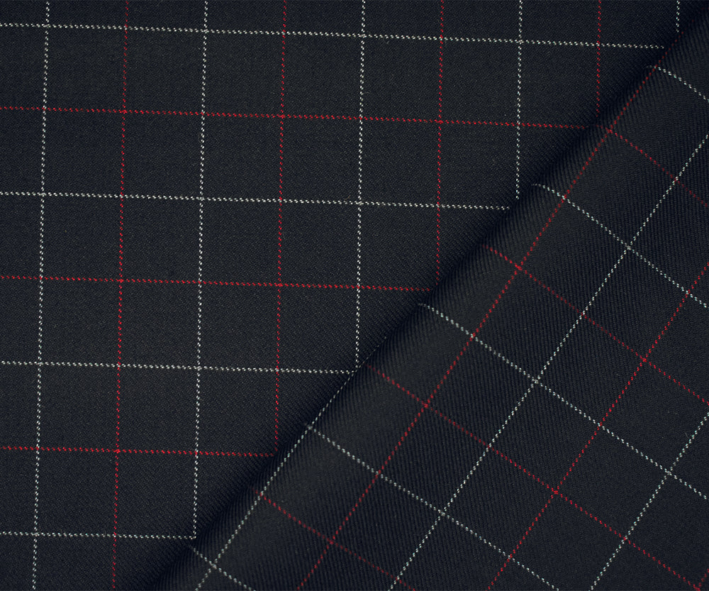 Black-Red-Gray Wool Polyester Check Twill Suiting Woven Fabric - Image 2