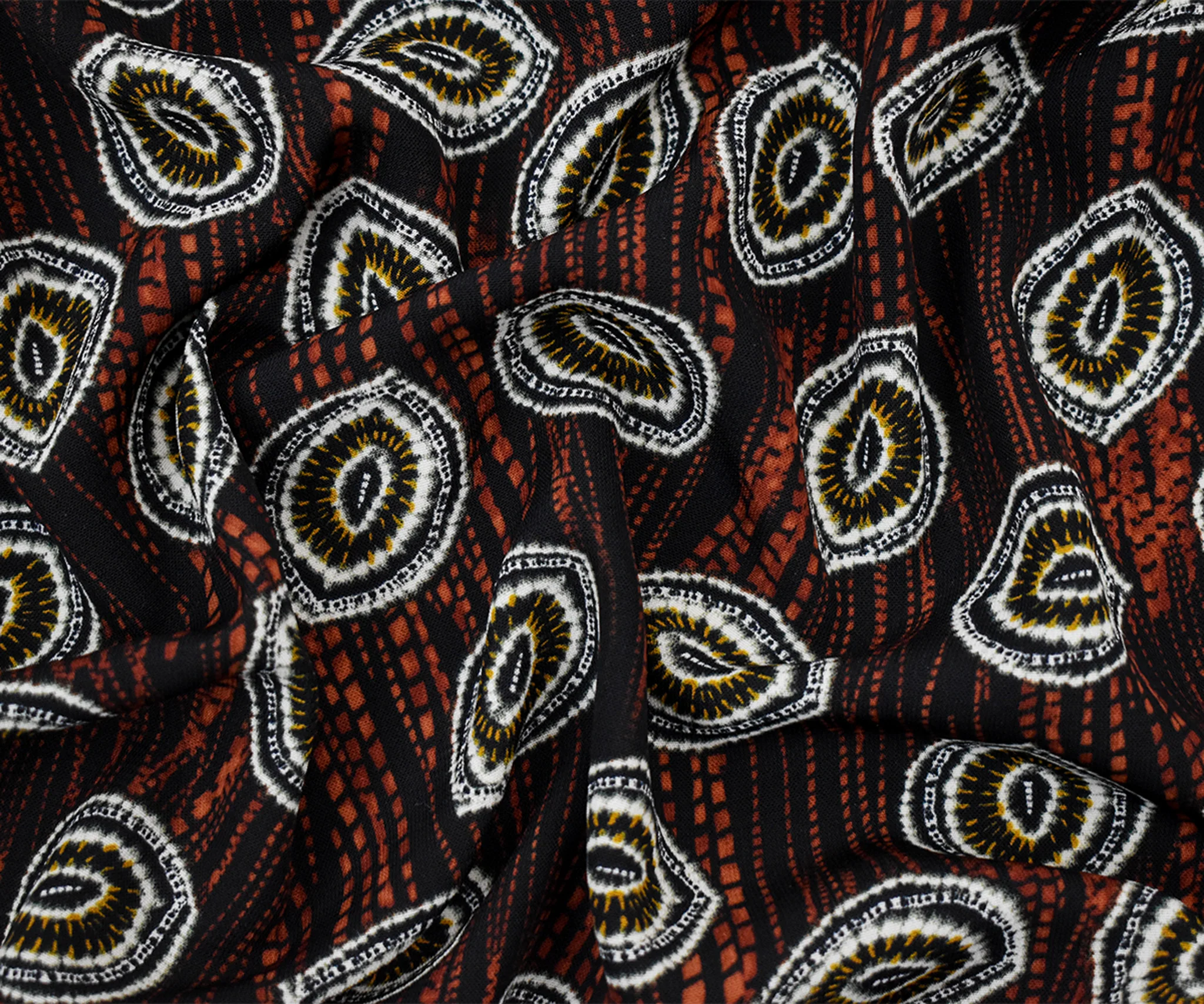 Black-Red-Multi  Abstract Tie Dye Printed Poly Challis Woven Fabric - Image 3