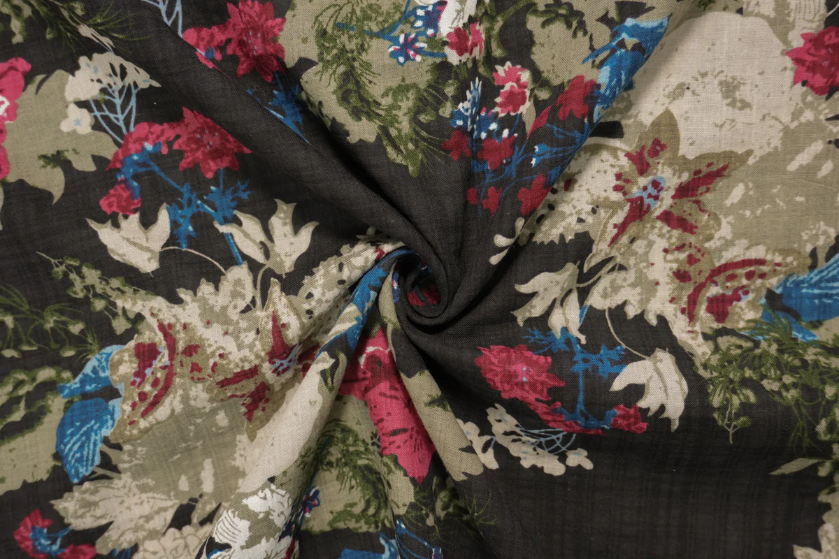 Black-Red-Multi Cotton Floral Plaid Printed Voile Woven Fabric - Image 2