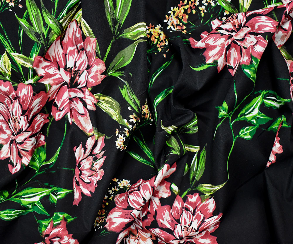 Black-Red-Multi Cotton Floral Printed Stretch Spandex Poplin Woven Fabric - Image 3