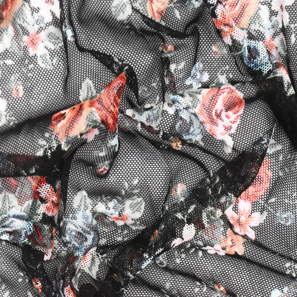 Black-Red-Multi Floral Printed Stretch Mesh Knit Fabric - Image 3