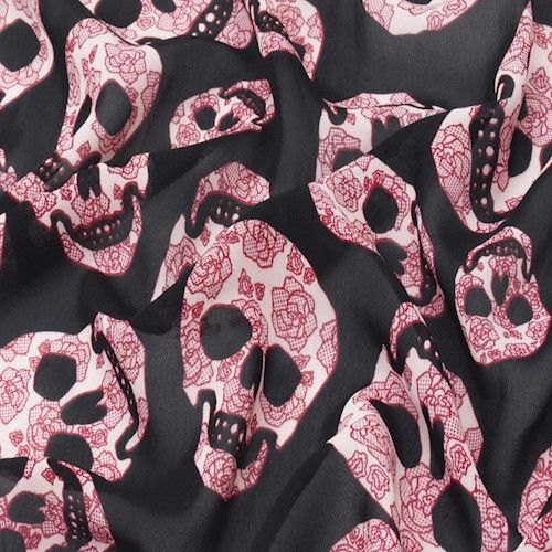 Black/Red/Multi Floral Skull Printed Chiffon Woven Fabric - Image 2