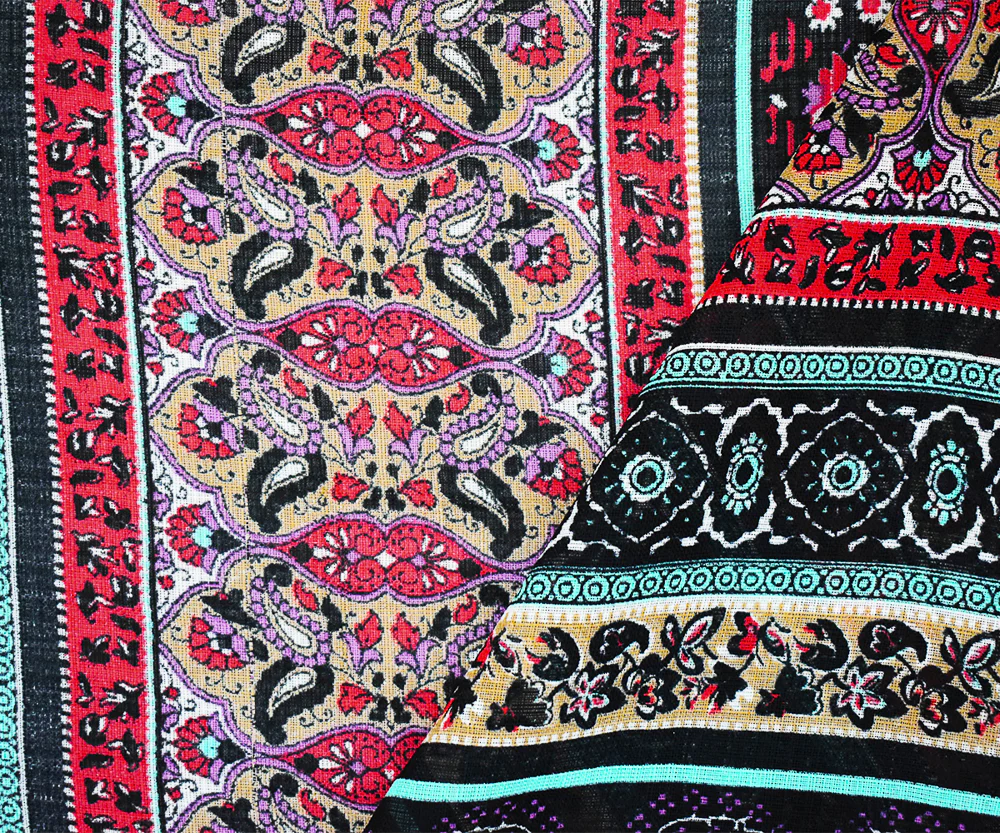 Black-Red-Multi Nylon Striped Floral Baroque Printed Sheer Woven Fabric - Image 2