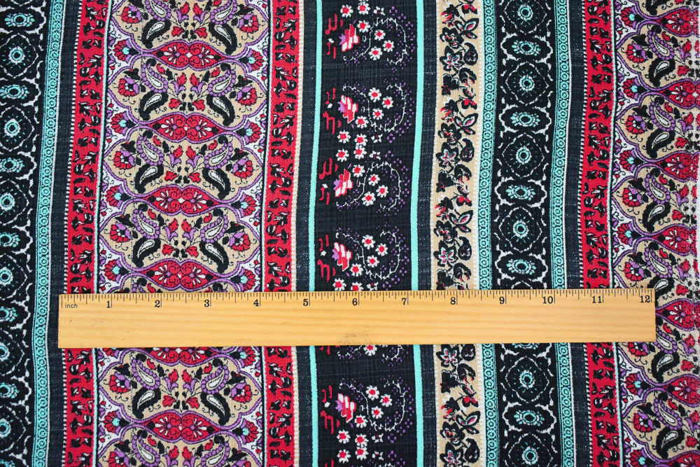 Black-Red-Multi Nylon Striped Floral Baroque Printed Sheer Woven Fabric - Image 4
