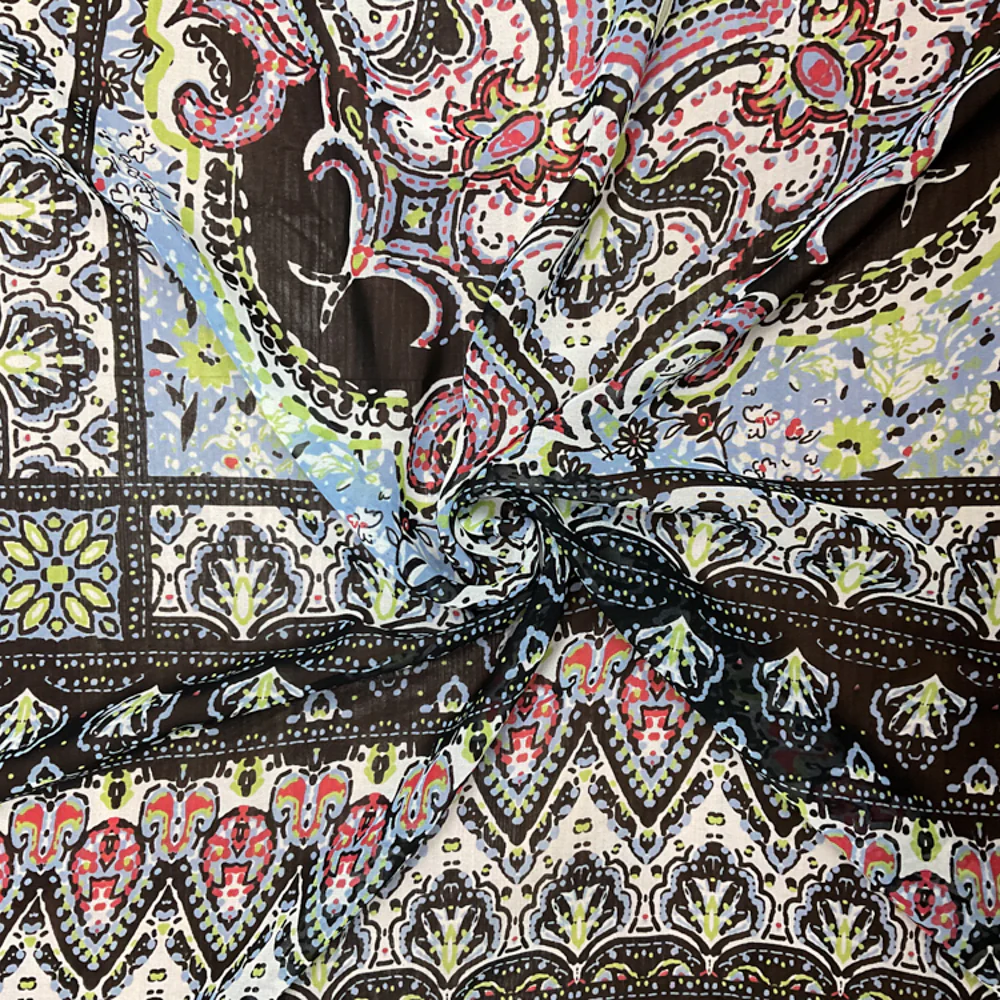 Black-Red-Multi Poly Moroccan Square Border Printed Chiffon Woven Fabric