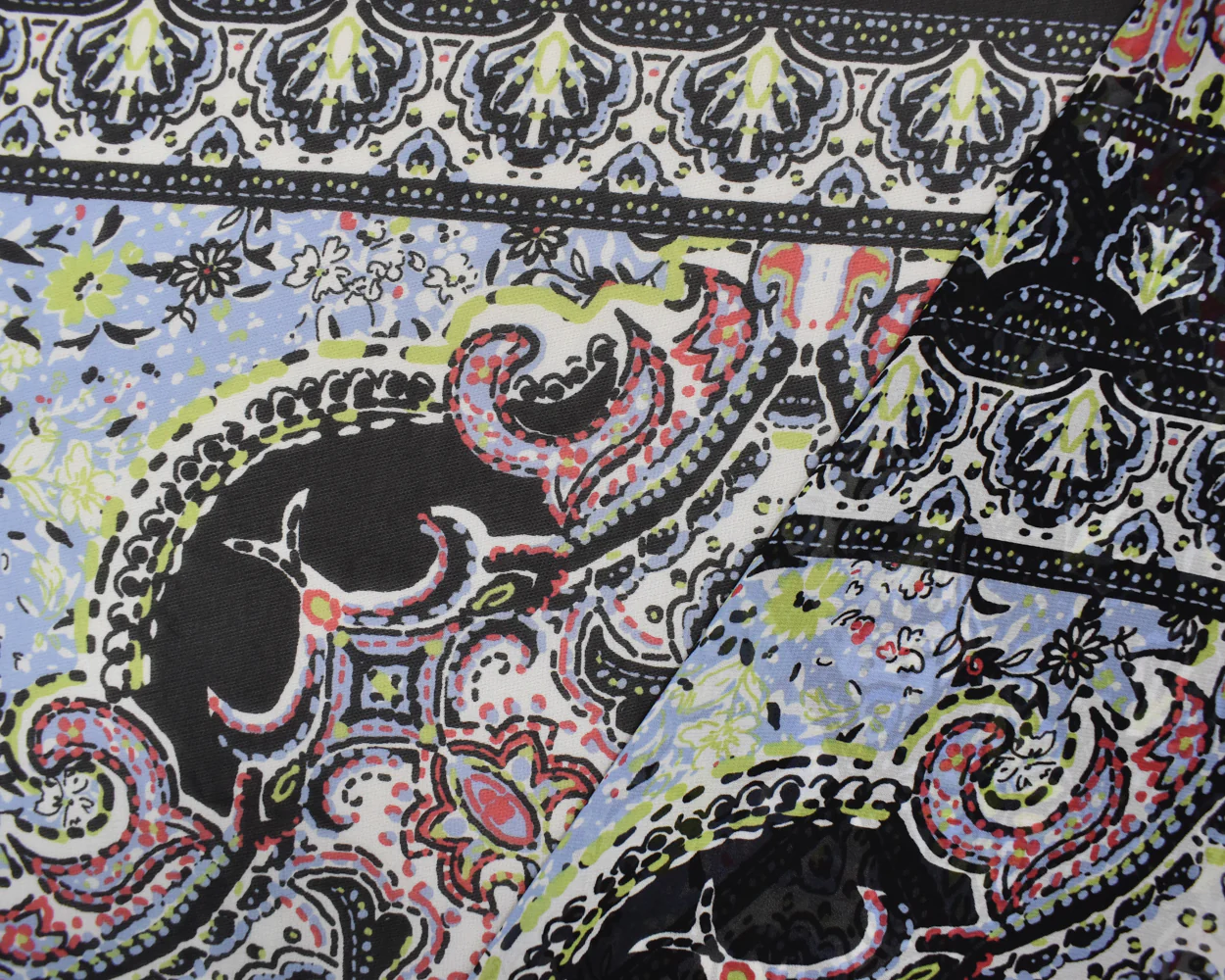 Black-Red-Multi Poly Moroccan Square Border Printed Chiffon Woven Fabric - Image 4