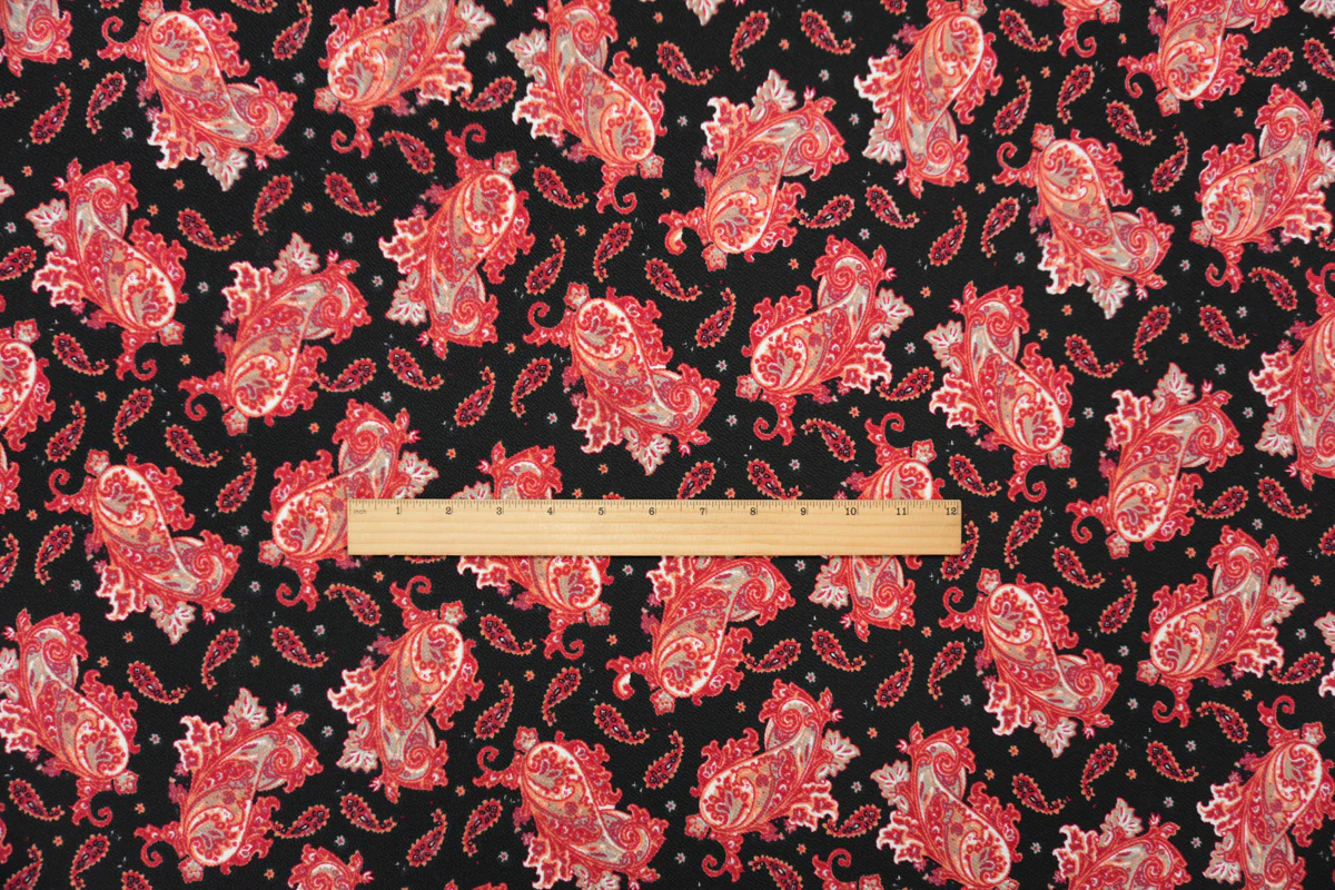 Black-Red-Multi Poly Paisley Print Liverpool Double Knit Fabric - Image 4