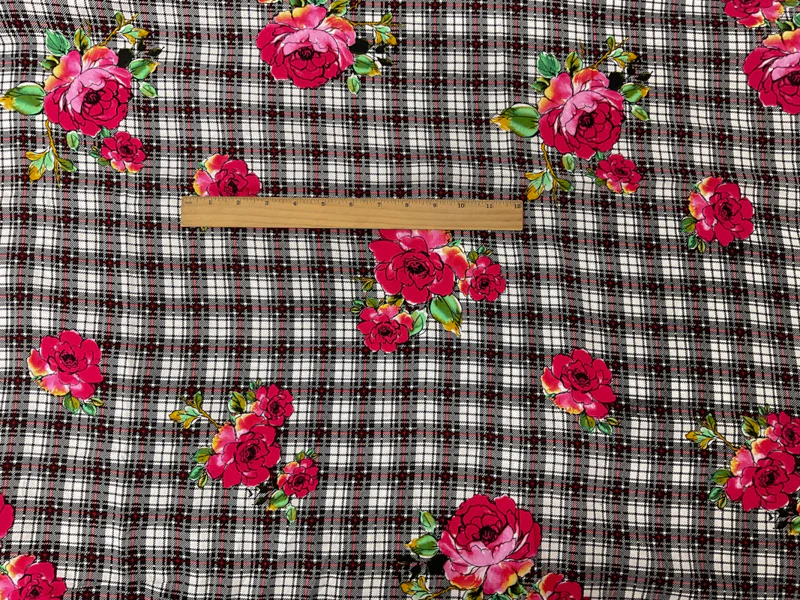 Black-Red-Multi Rayon Floral Plaid Printed Challis Woven Fabric - Image 4