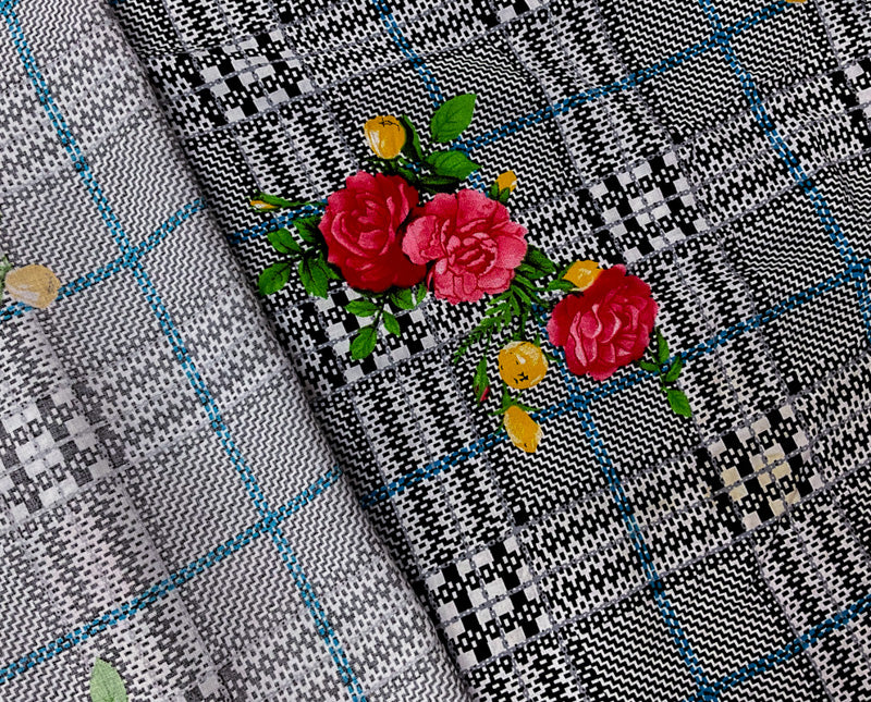 Black-Red-Multi Rayon Floral Plaid Printed Challis Woven Fabric - Image 2
